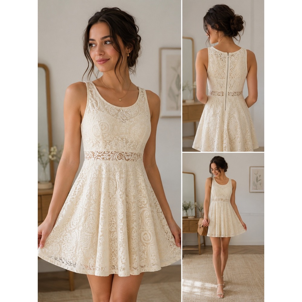 Coquette Feminine Romantic Lace Fit Flare Dress Cottagecore Bridal Shower Size S - Picture 2 of 7